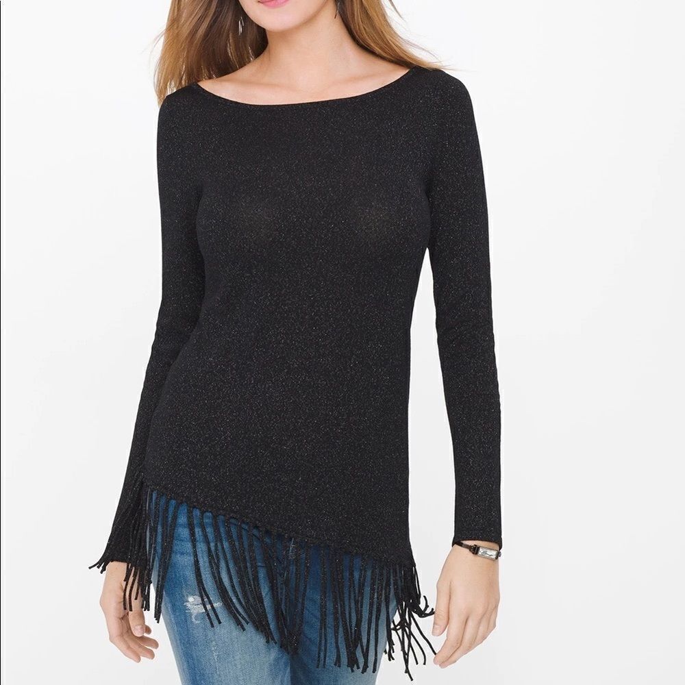 White House Black Market Fringe Black Metallic Asymmetrical Sweater